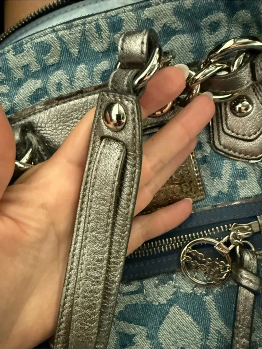 Coach Poppy Wordblock Denim Chain Shoulder Crossbody Tote Bag
